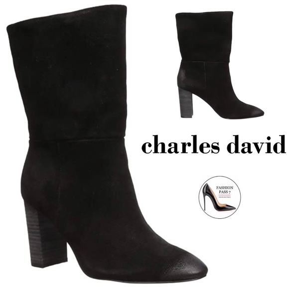 Charles David Burbank Black Suede Leather Block Heel Almond Toe Fashion Boots 9